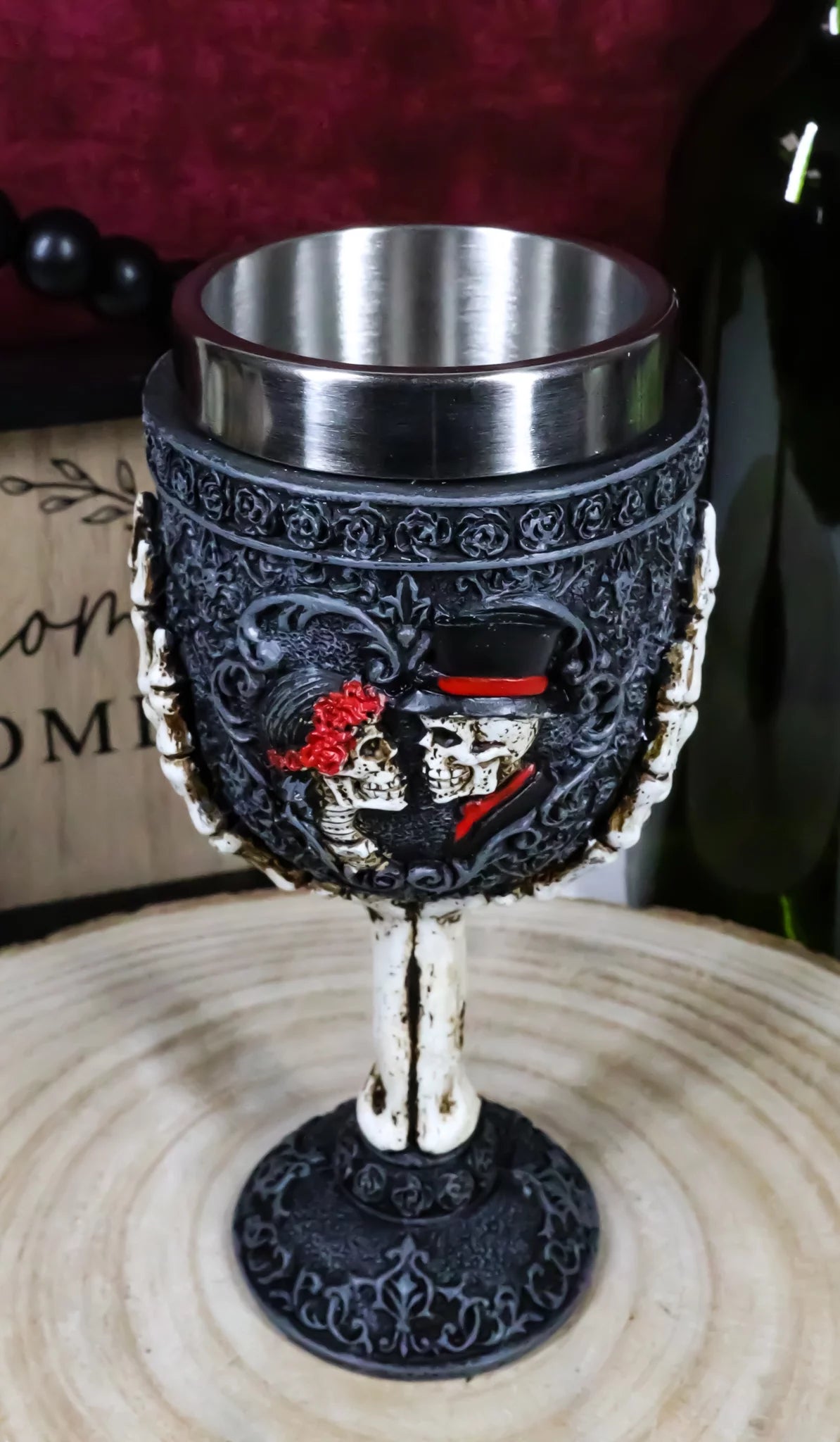 Gothic Day Of The Dead Skeleton Skull Bride And Groom Black Roses Wine Goblet C176482