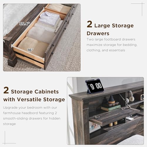 King Size Wood Platform Bed Frame with Storage Headboard and 2 Drawers Antique White R1863