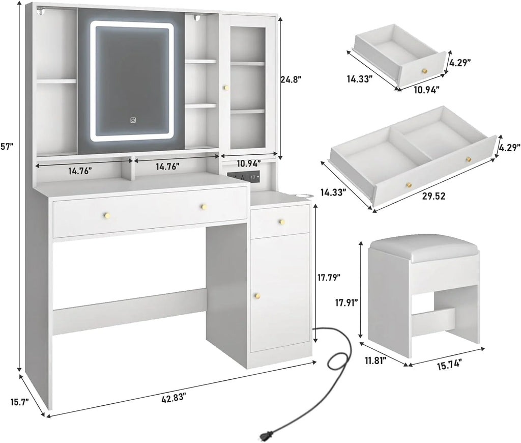 White Vanity Desk with Sliding Mirror and Lights M296920