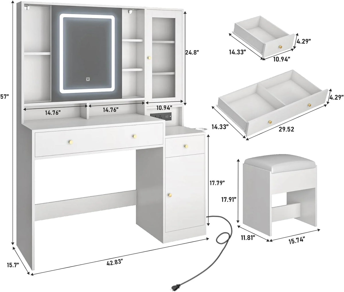 White Vanity Desk with Sliding Mirror and Lights M296920