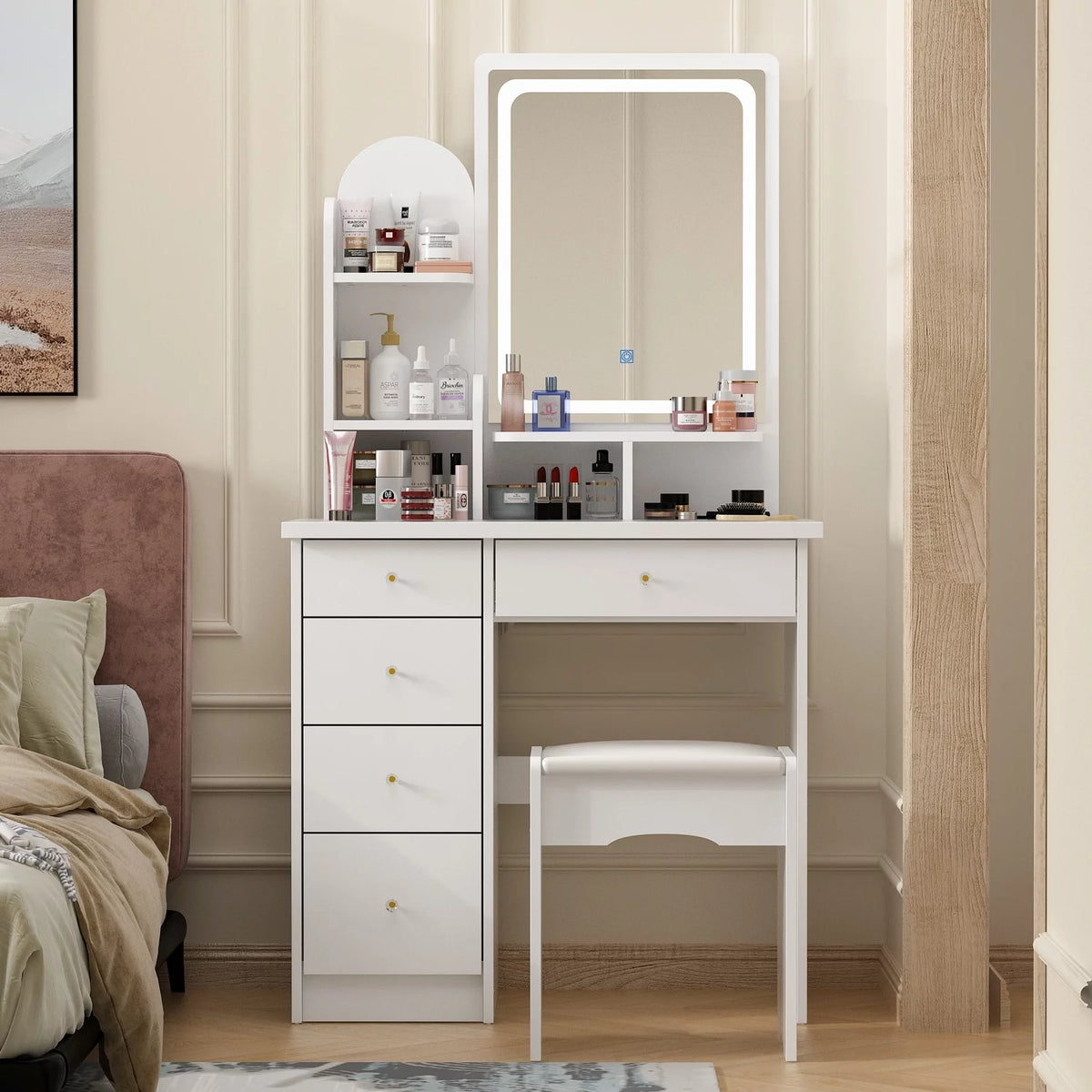 White Makeup Vanity Set with LED Light Mirror Stool K681
