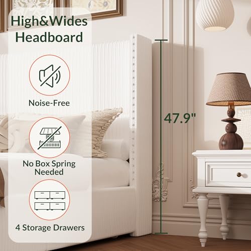 King Size White Corduroy Upholstered Platform Bed Frame with 4 Storage Drawers H610289