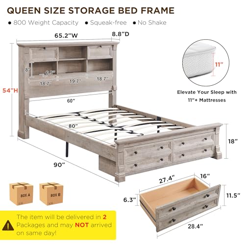 King Size Wood Platform Bed Frame with Storage Headboard and 2 Drawers Antique White R1863