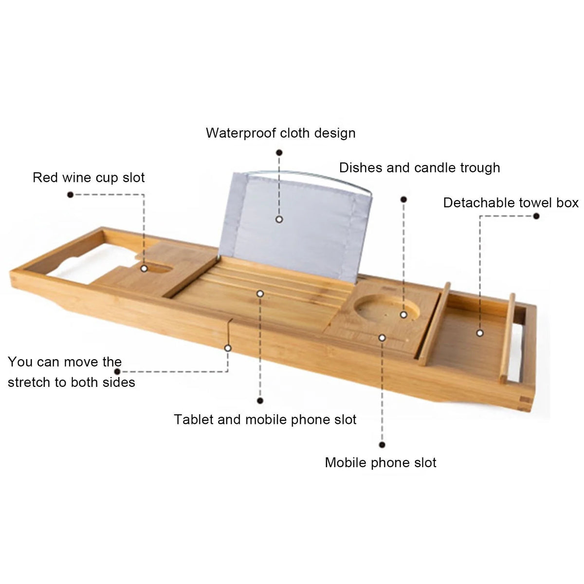 Expandable Bamboo Bathtub Caddy Tray with Wine Glass Holder L587