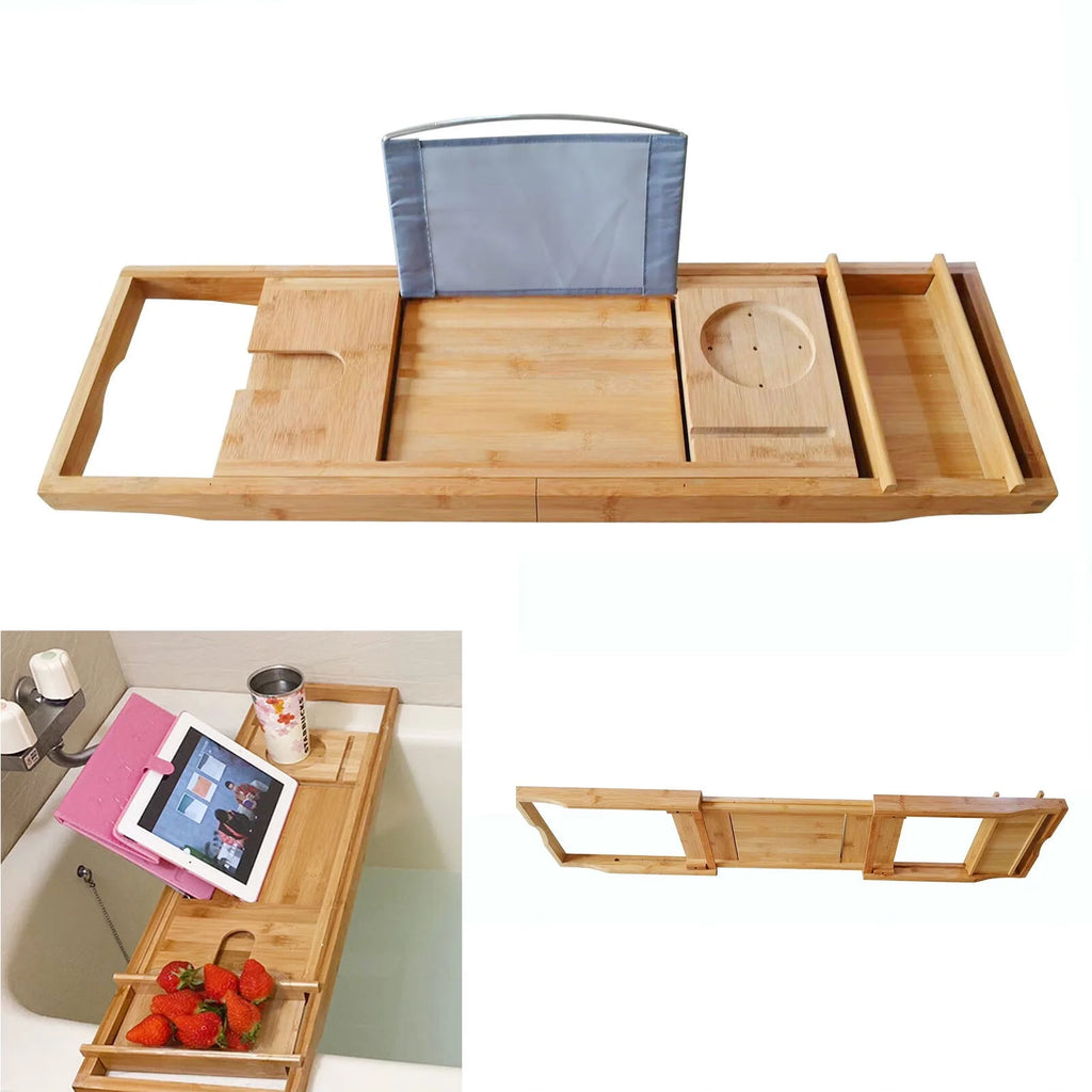 Expandable Bamboo Bathtub Caddy Tray with Wine Glass Holder L587