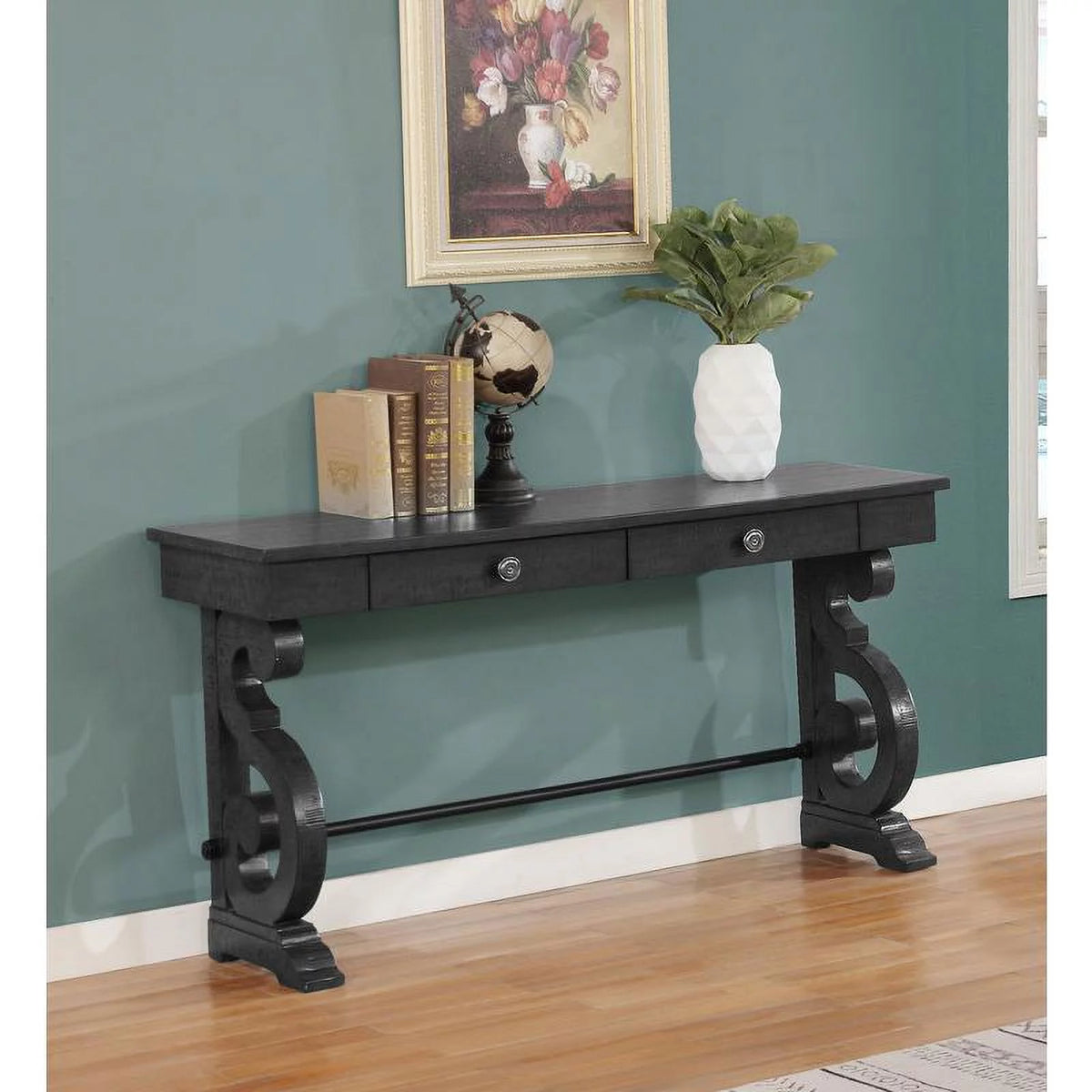 Rustic Dark Gray Wood Console Table with 2 Storage Drawers R4401