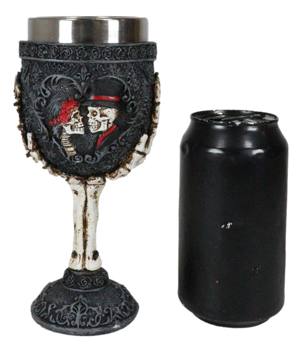 Gothic Day Of The Dead Skeleton Skull Bride And Groom Black Roses Wine Goblet C176482