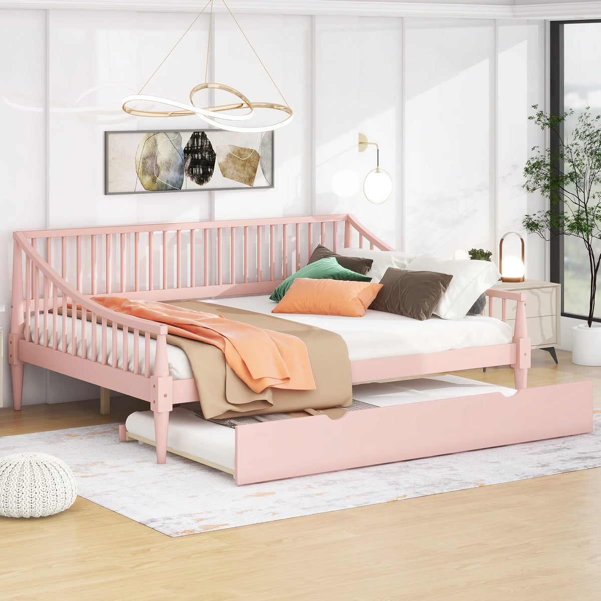 Pink Full Size Wood Daybed with Twin Trundle P680