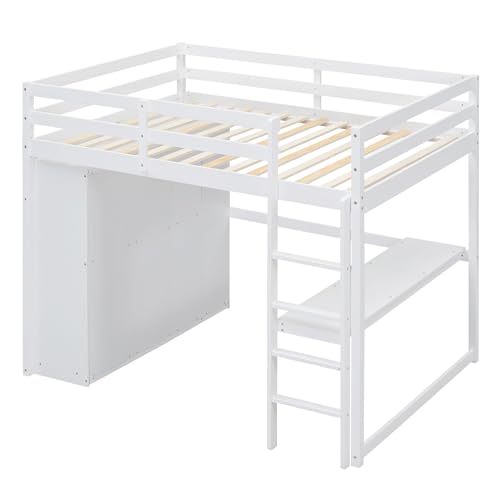 Full Size White Wood Loft Bed Frame with Desk, Wardrobe, Storage Shelves and Drawers P8318