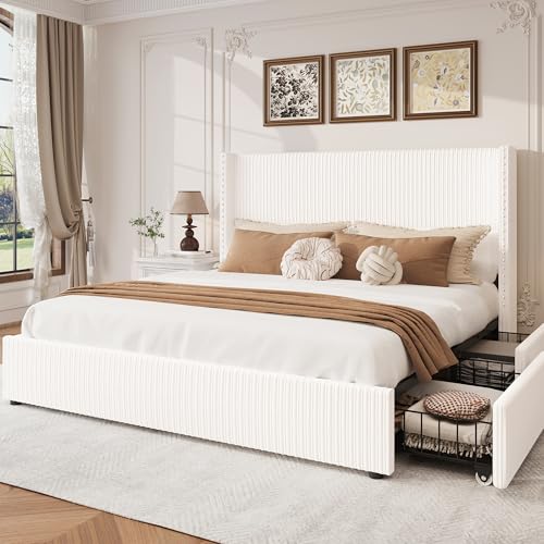 King Size White Corduroy Upholstered Platform Bed Frame with 4 Storage Drawers H610289