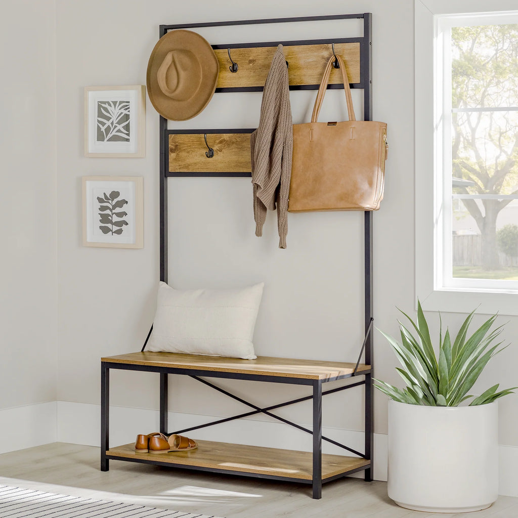 Industrial Hall Tree with Bench and Coat Hooks R5302