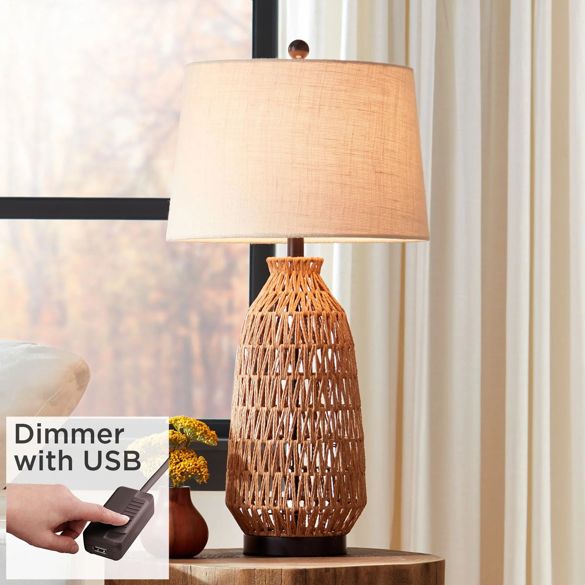 29" Tall Natural Rattan Wicker Table Lamp with Oatmeal Fabric Shade H912905
