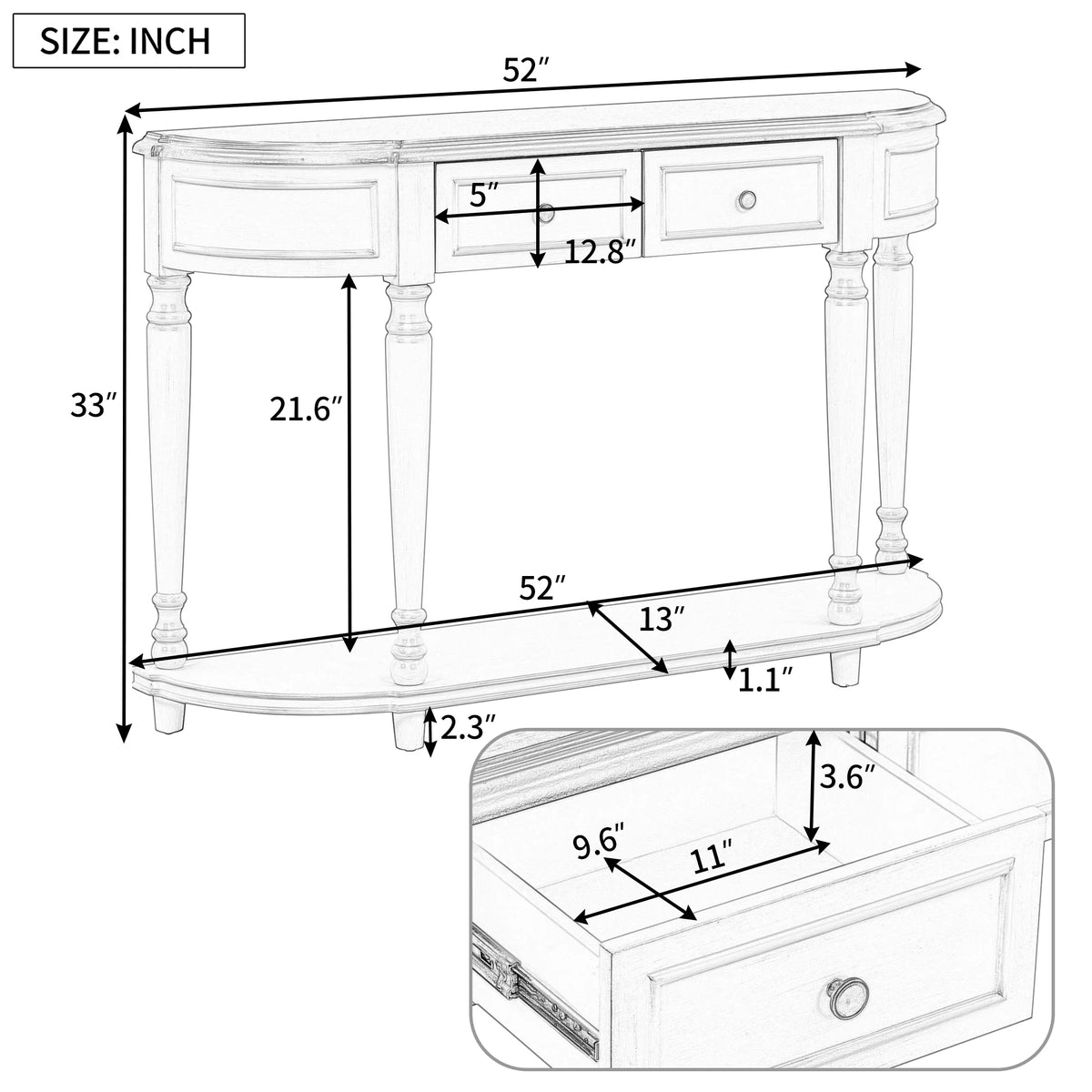 52'' Solid Wood Curved Console Table with 2 Drawers and 1 Shelf F837585