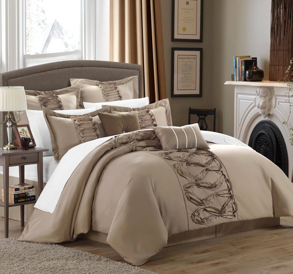 8-Piece Ruffled Comforter Set King Taupe I7231