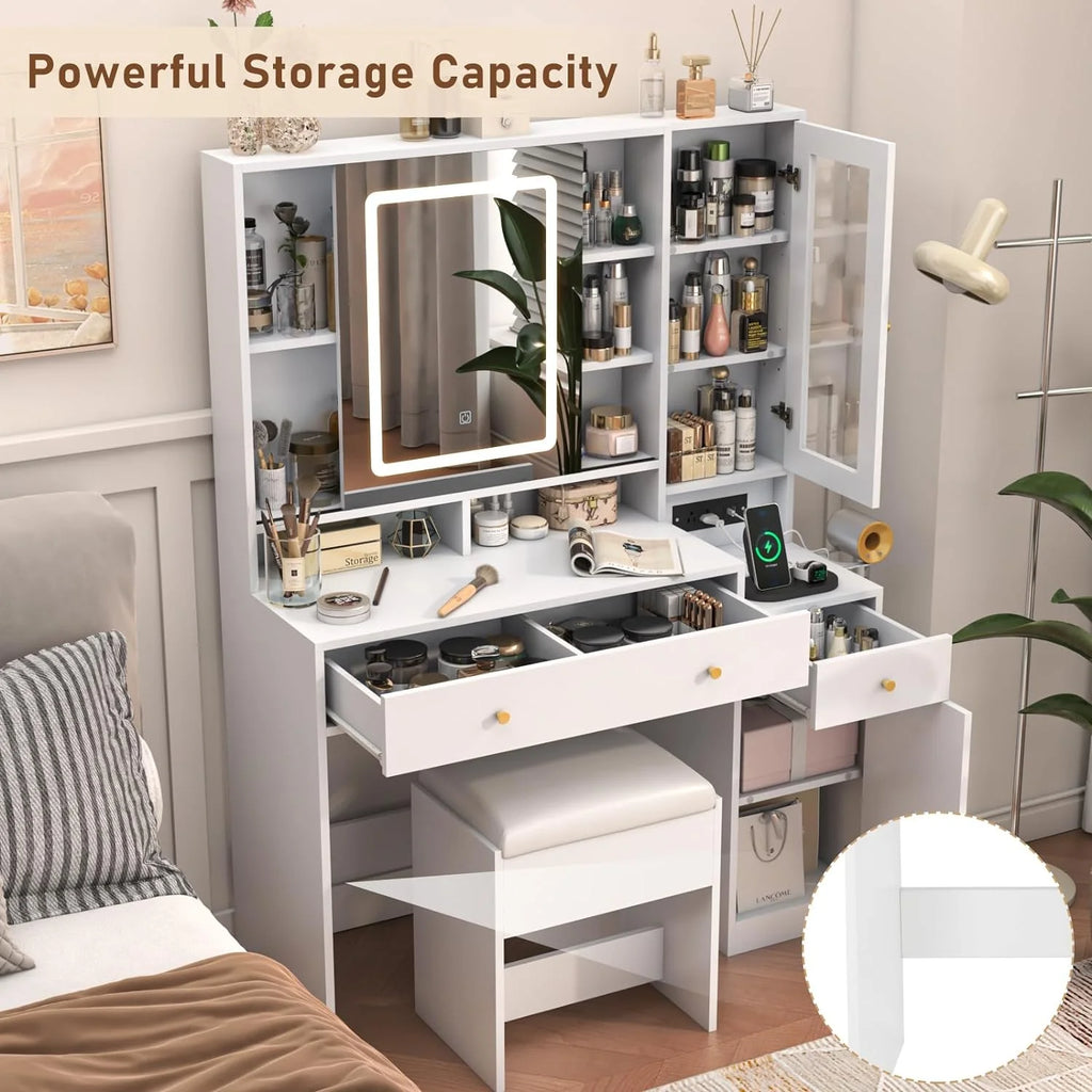 White Vanity Desk with Sliding Mirror and Lights M296920