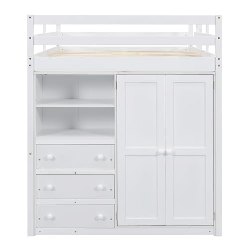 Full Size White Wood Loft Bed Frame with Desk, Wardrobe, Storage Shelves and Drawers P8318