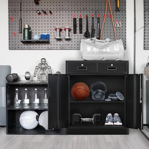 Black Steel Storage Cabinet with 2 Lockable Doors and 2 Adjustable Shelves B6472