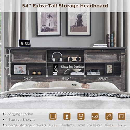 King Size Wood Platform Bed Frame with Storage Headboard and 2 Drawers Antique White R1863
