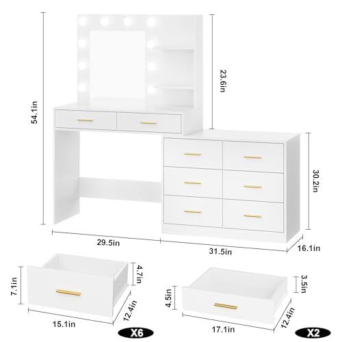 Black Vanity Desk with Mirror and Lights, 8 Storage Drawers U307