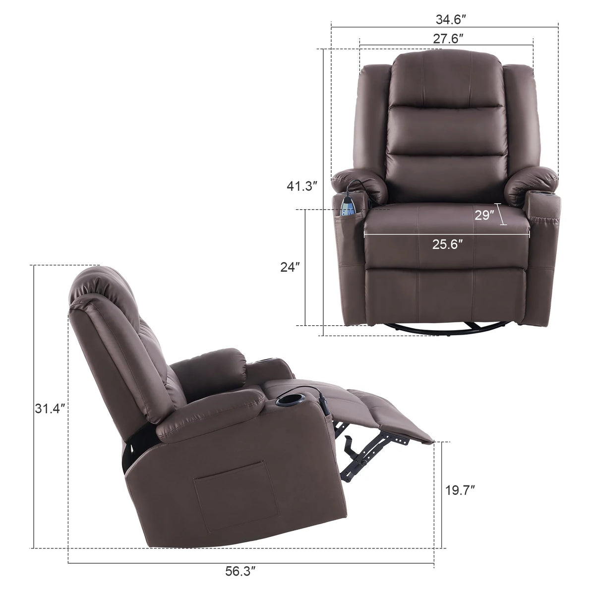 Brown 360 Swivel Heated Massaging Recliner Chair Z908609