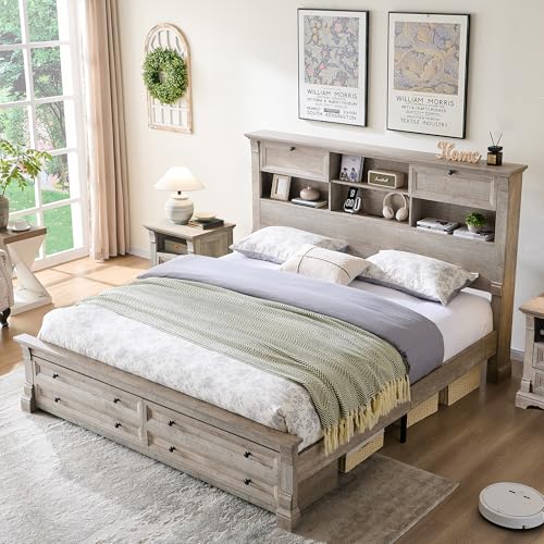 King Size Wood Platform Bed Frame with Storage Headboard and 2 Drawers Antique White R1863