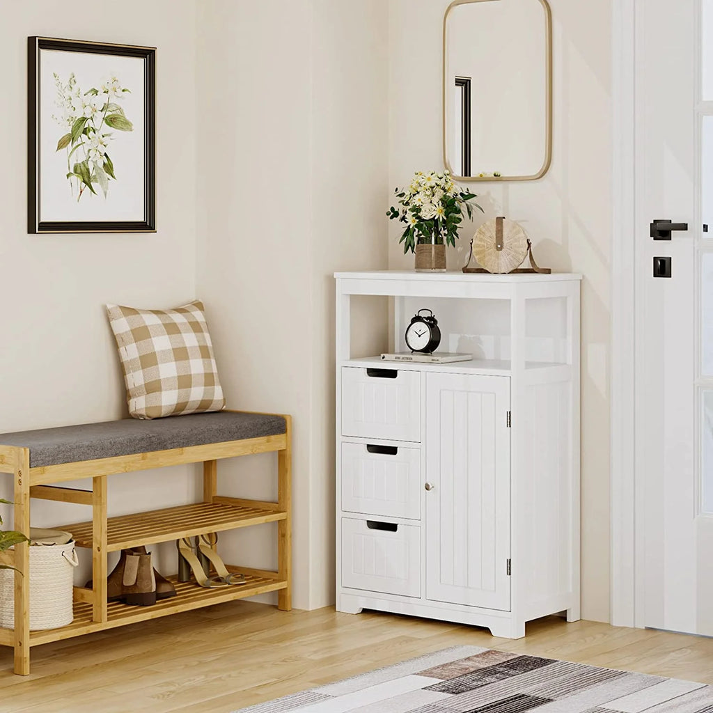 White Free Standing Bathroom Floor Cabinet with 3 Drawers and 1 Door T5774