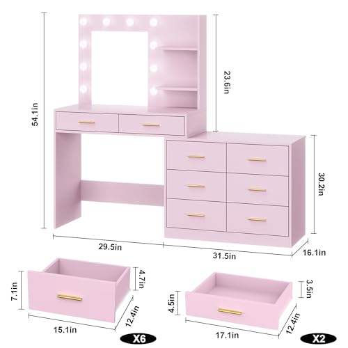Black Vanity Desk with Mirror and Lights, 8 Storage Drawers U307
