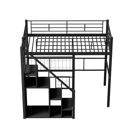 Full Size Black Metal Loft Bed with Desk and Wardrobe J370