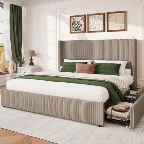 King Size White Corduroy Upholstered Platform Bed Frame with 4 Storage Drawers H610289
