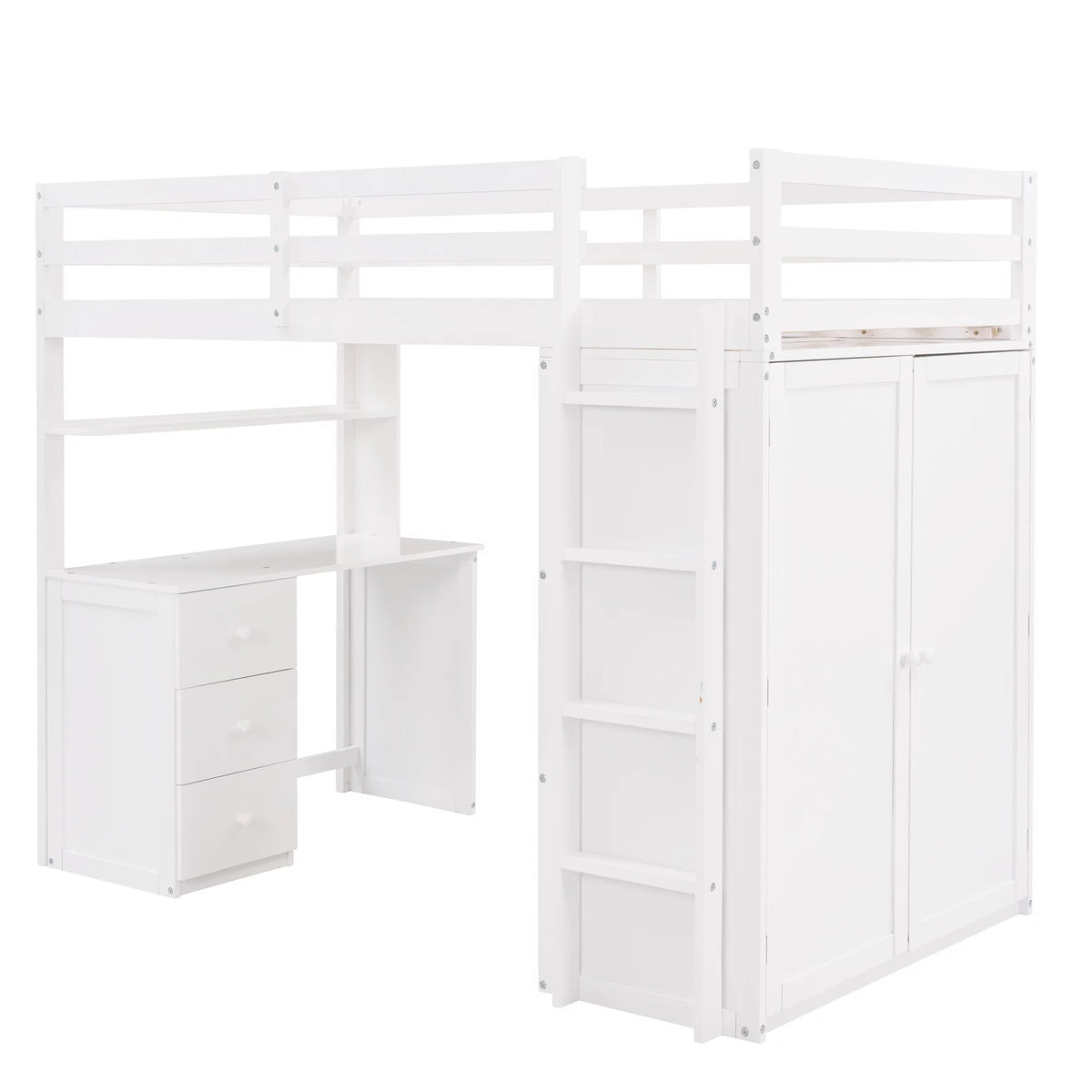 White Twin Size Wooden Loft Bed with Drawers, Desk, Wardrobe, Ladder & Safety Rails Z5715