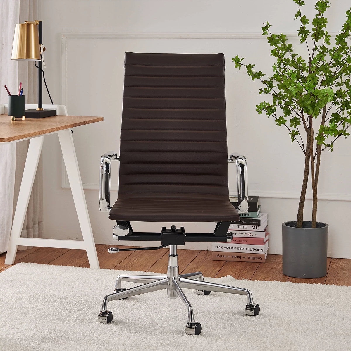 High Back Executive Office Chair with Armrest Adjustable Swivel Vegan Leather Brown I985903