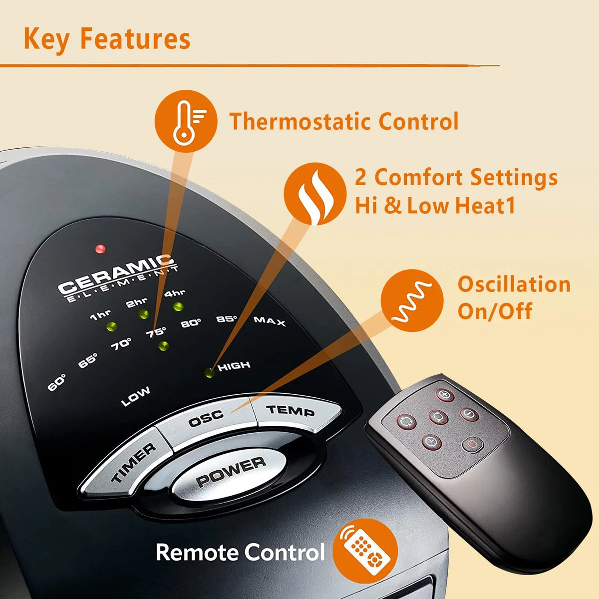 Oscillating Tower Space Heater with Adjustable Thermostat Timer & Remote Control, 22.5 Inches 1500W Grey/Black N26459