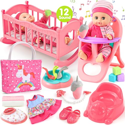 12in Baby Doll Crib and High Chair Set with 20pcs Accessories X705
