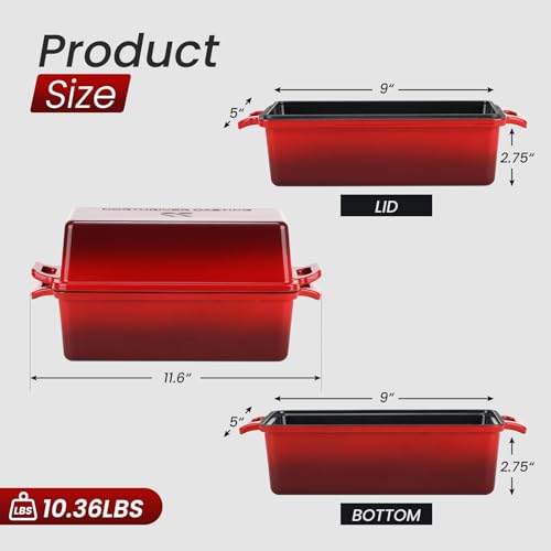 9x5 Inch Enameled Cast Iron Bread Loaf Pan with Lid, 2 Piece Set, Red J463147