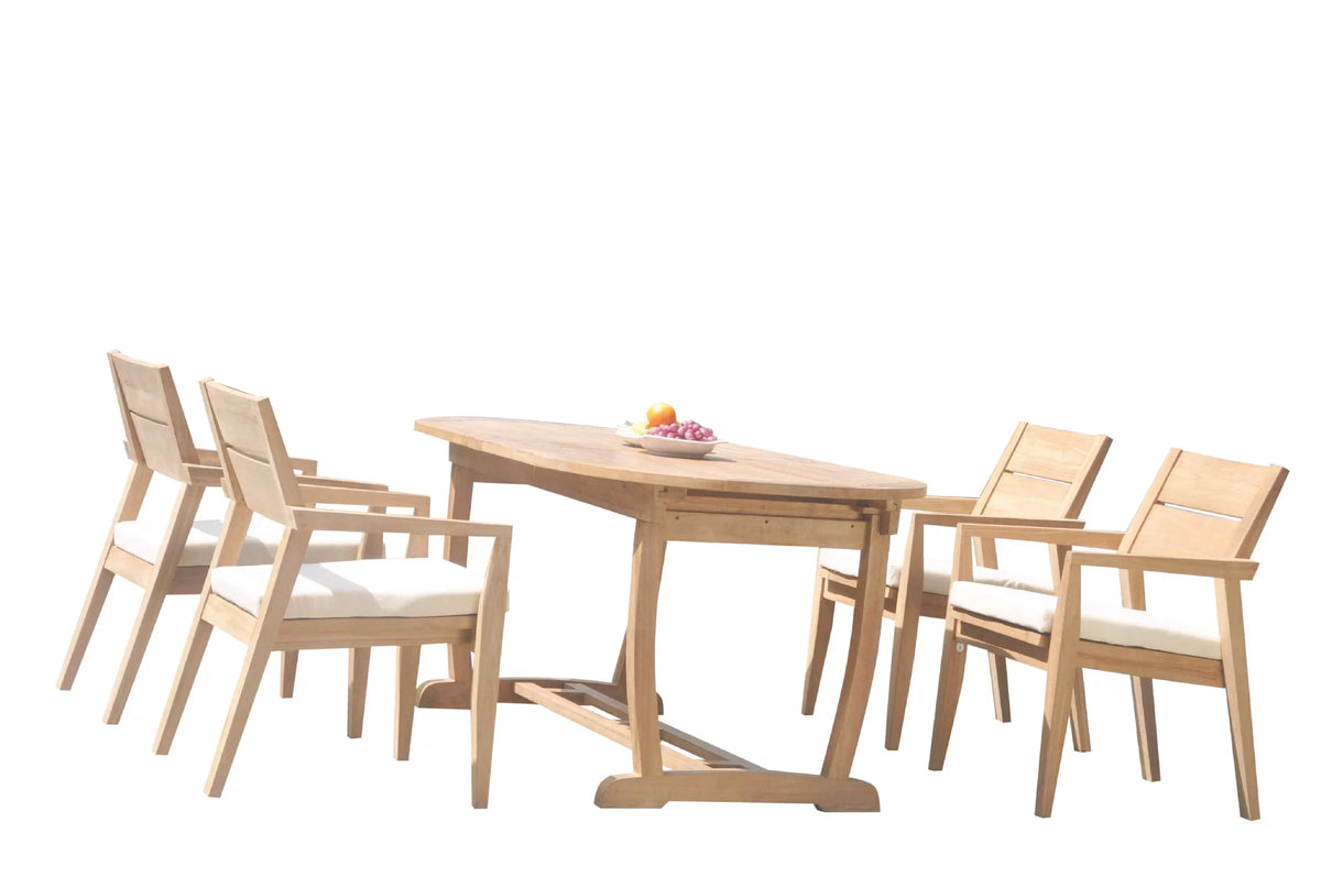 Grade-A Teak 5 Pc Dining Set with Oval Trestle Leg Table and 4 Stacking Arm Chairs V616570