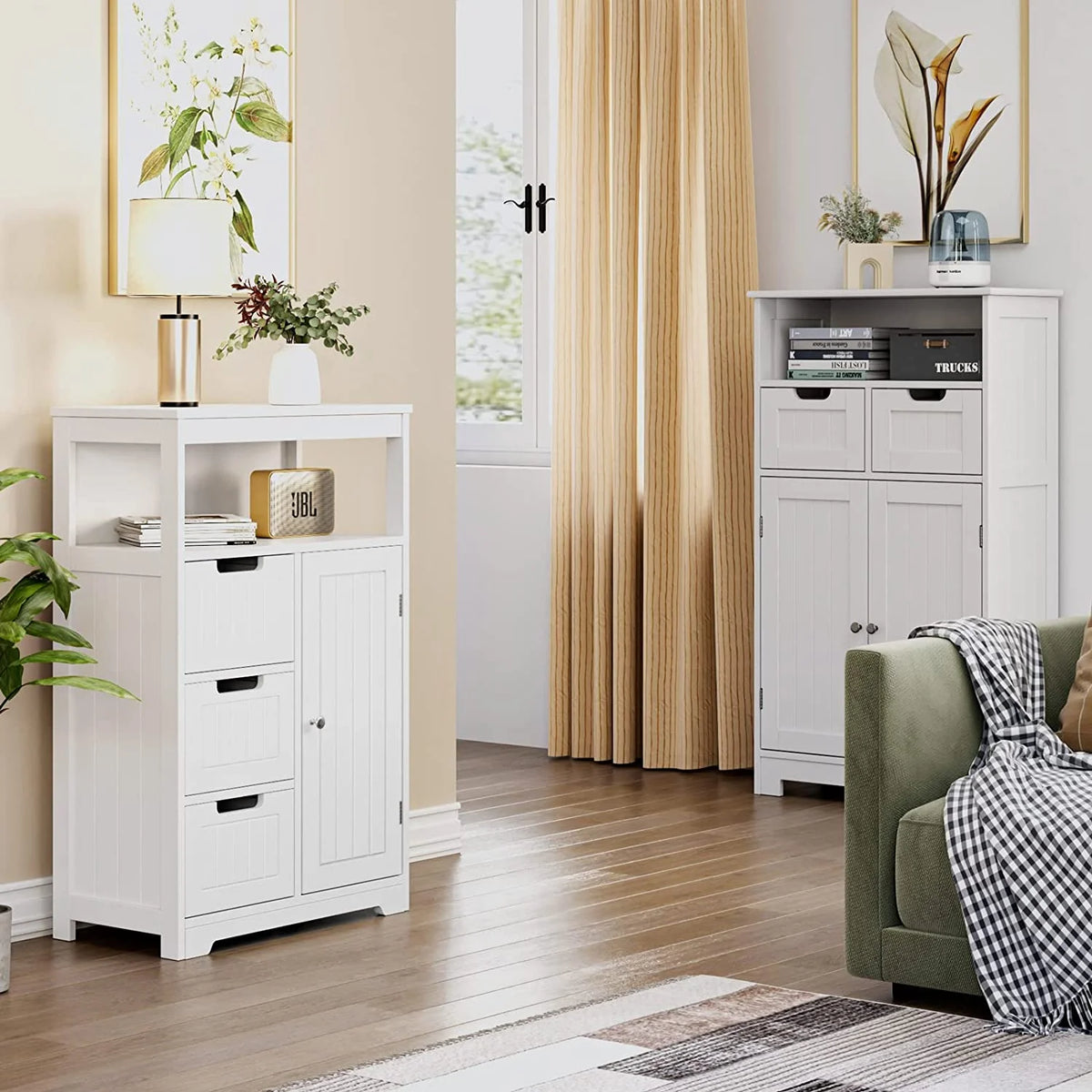 White Free Standing Bathroom Floor Cabinet with 3 Drawers and 1 Door T5774