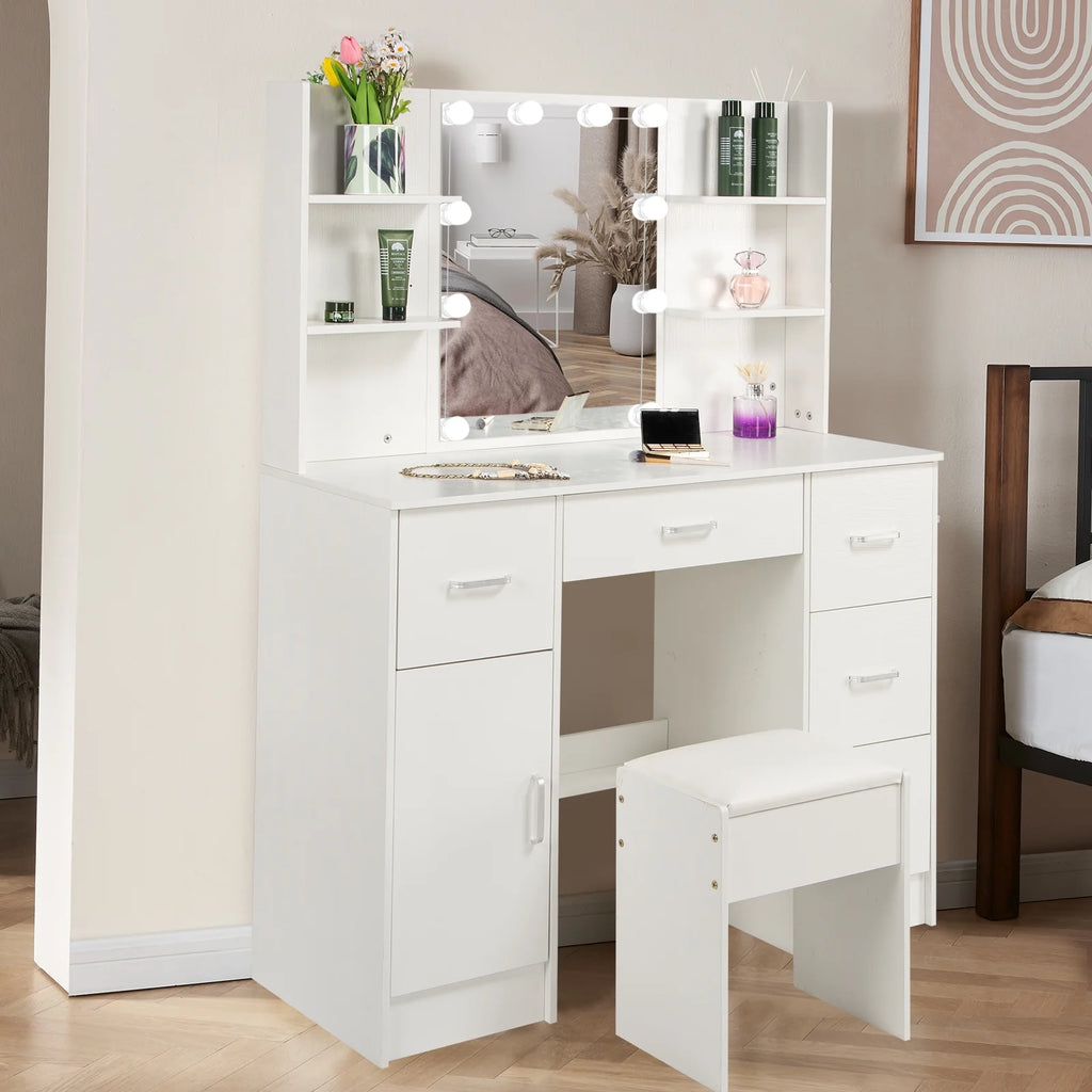 White Makeup Vanity Set with Mirror and Lights K626883