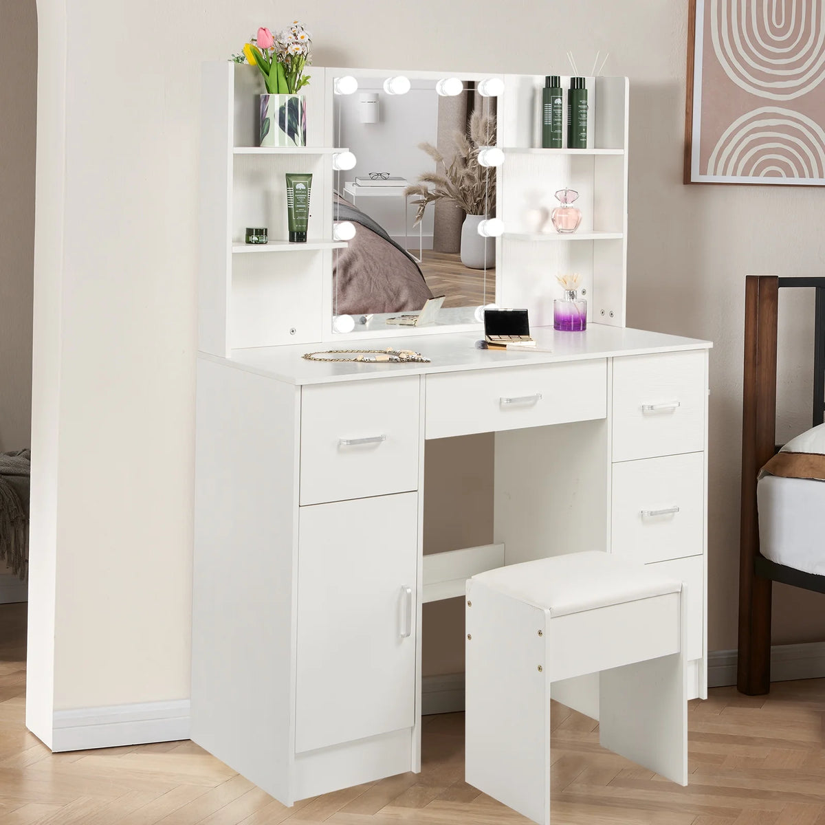 White Makeup Vanity Set with Mirror and Lights K626883