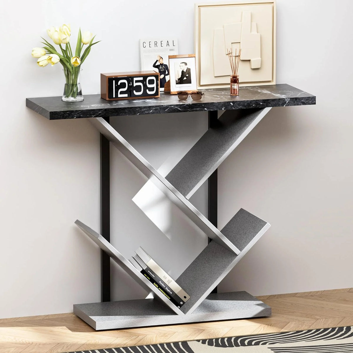 Black Marble Console Table with Storage F658