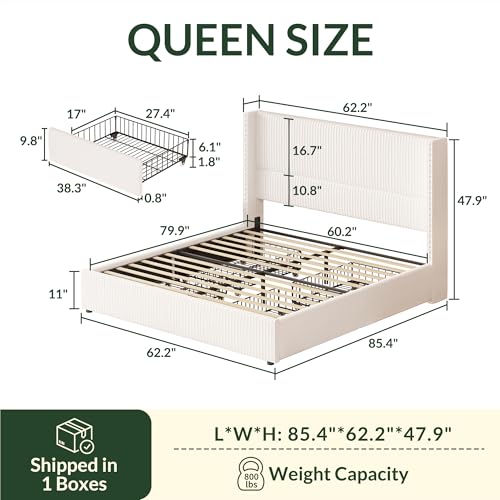 King Size White Corduroy Upholstered Platform Bed Frame with 4 Storage Drawers H610289