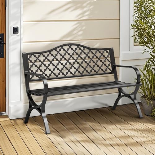 50" Black Cast Iron Outdoor Bench with Floral Backrest P967922
