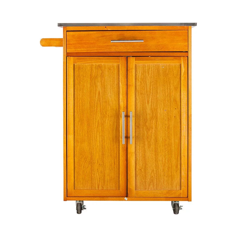 Wood Kitchen Cart with Stainless Steel Top and Storage Cabinet D28933