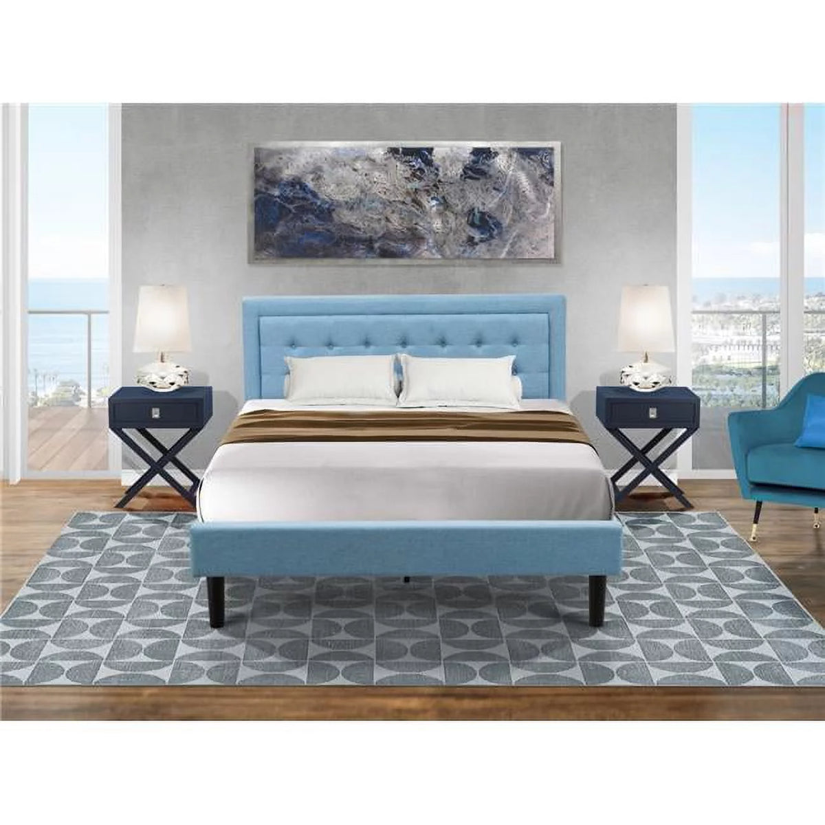 3 Piece Denim Blue Wood Bedroom Set Z748