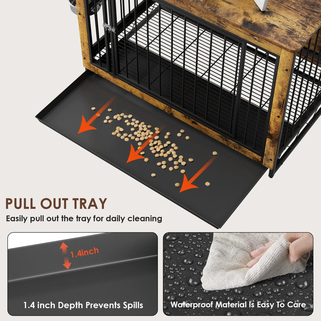 44.1'' Wooden Dog Crate with 2 Stainless Steel Bowls O76968