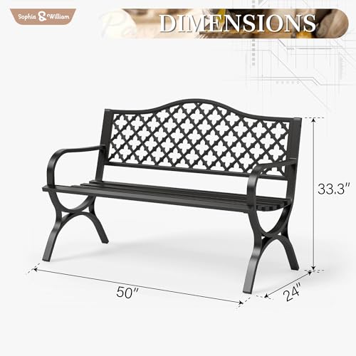50" Black Cast Iron Outdoor Bench with Floral Backrest P967922