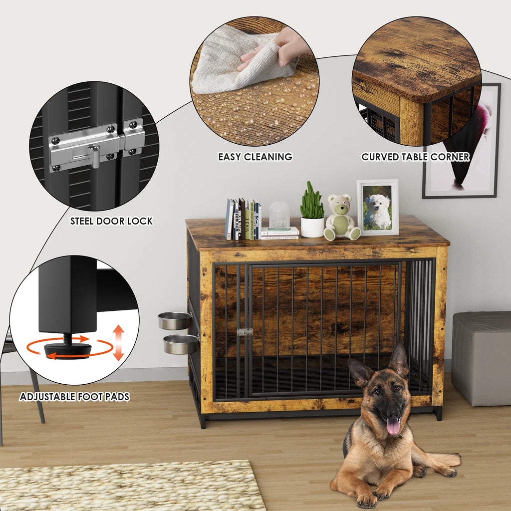 44.1'' Wooden Dog Crate with 2 Stainless Steel Bowls O76968