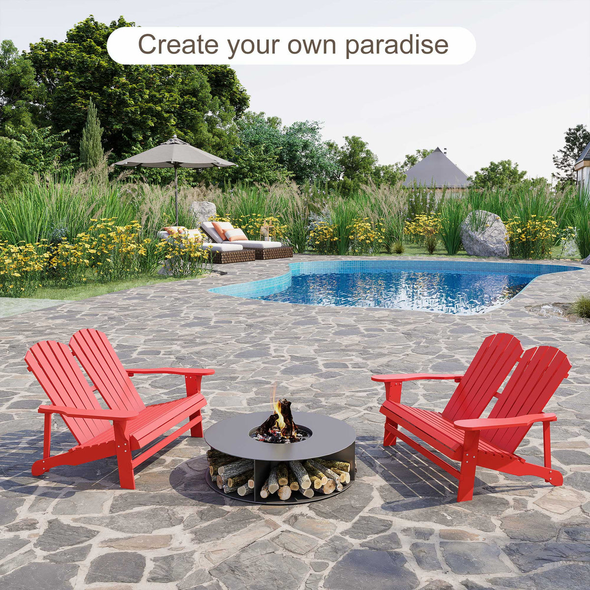 2 Person Wooden Adirondack Loveseat with High-back, Wide Armrests, Red L95229
