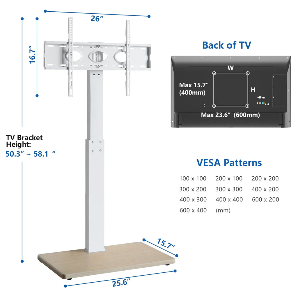 Floor TV Stand with Mount Swivel for 50 to 75 inch Flat TVs Wood Base, White Shelf A6067