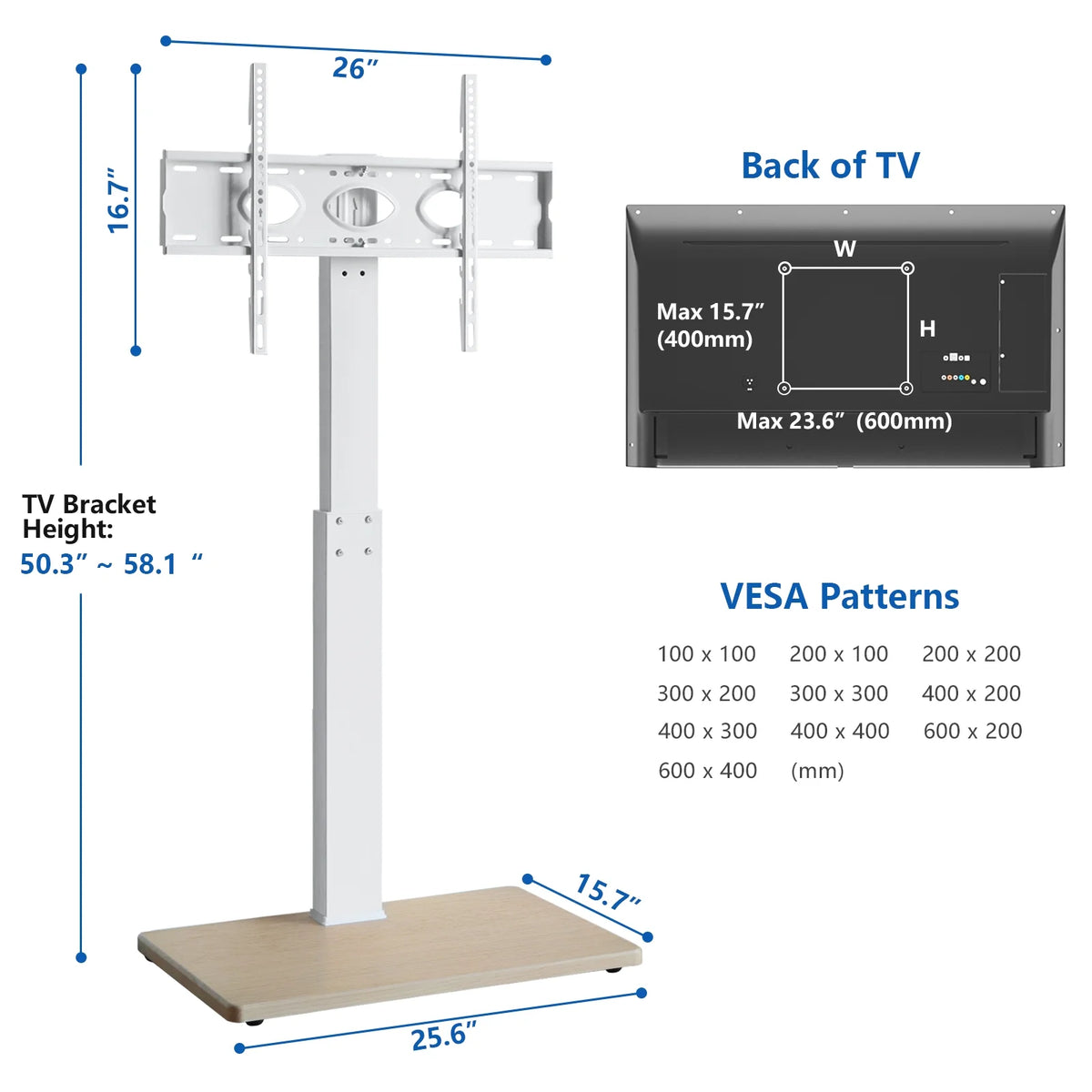 Floor TV Stand with Mount Swivel for 50 to 75 inch Flat TVs Wood Base, White Shelf A6067