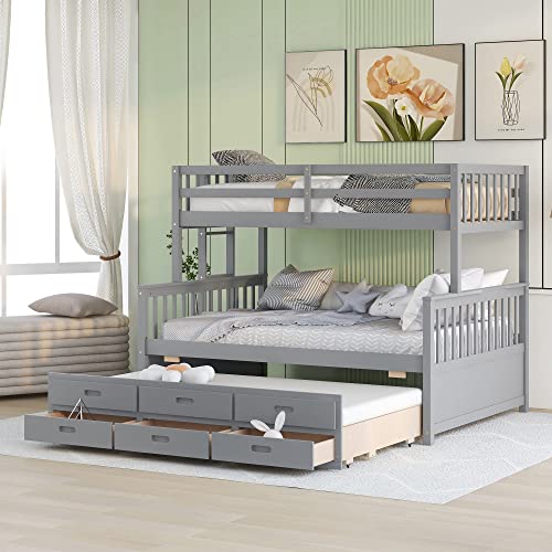 Twin Over Twin Wood Bunk Bed with Trundle and Storage Drawers R102